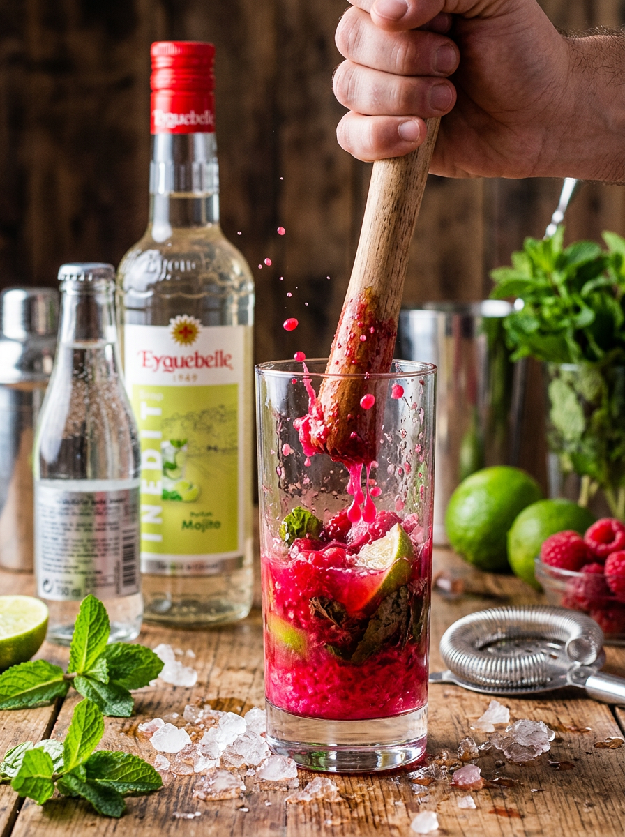 Scène de préparation de virgin mojito framboise, pilon en train d'écraser des framboises fraîches et citron vert dans un grand verre, gouttes de jus bien visibles qui éclabousse